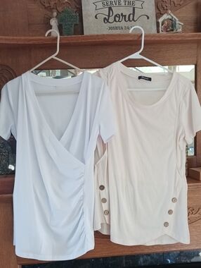 2 | White & Cream Short Sleeve Wrap & Button-Accent Nursing Tops